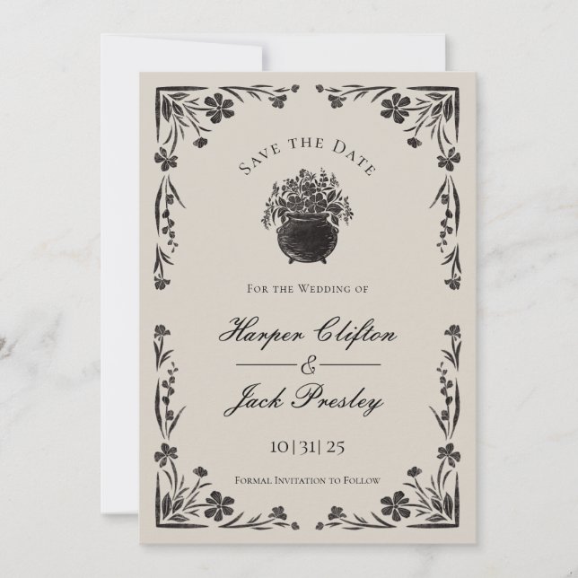 Invitación Moody Black Floral Boda Gótica Salvar La Fecha (Anverso)