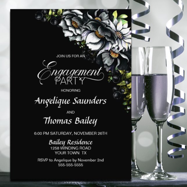 Invitación Moody Black Floral Engagement Party (Subido por el creador)