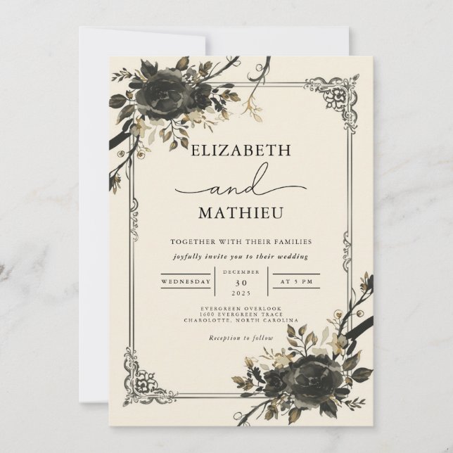 Invitación Moody Black Floral Gótico Boda Botánico (Anverso)