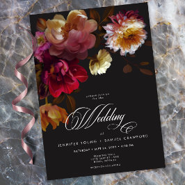 Invitación Moody Black Floral Painterly Red Burgundy Wedding
