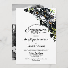 Invitación Moody Black Floral Personalizado Photo Engagement