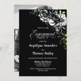 Invitación Moody Black Floral Personalizado Photo Engagement