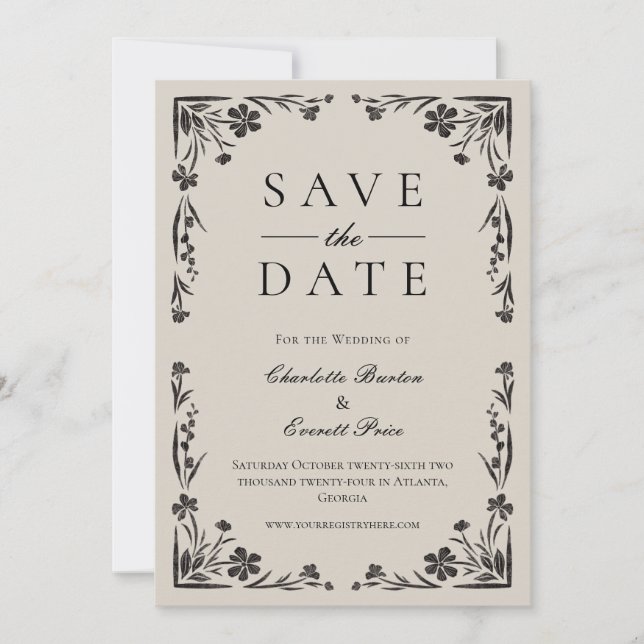 Invitación Moody Black Floral Save The Date (Anverso)
