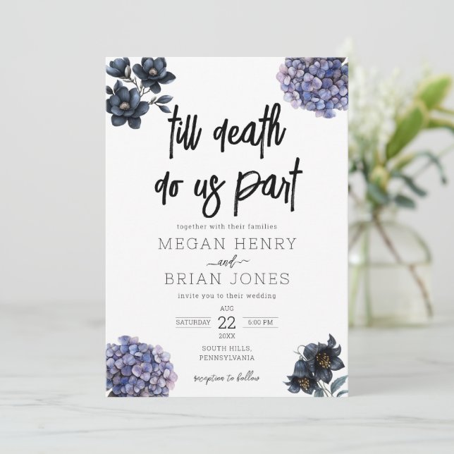 Invitación Moody Black Floral Till Death Do Us Part Wedding (Anverso de pie)