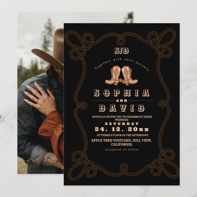 Invitación Moody Black Rustic Western Wedding  (Anverso / Reverso)