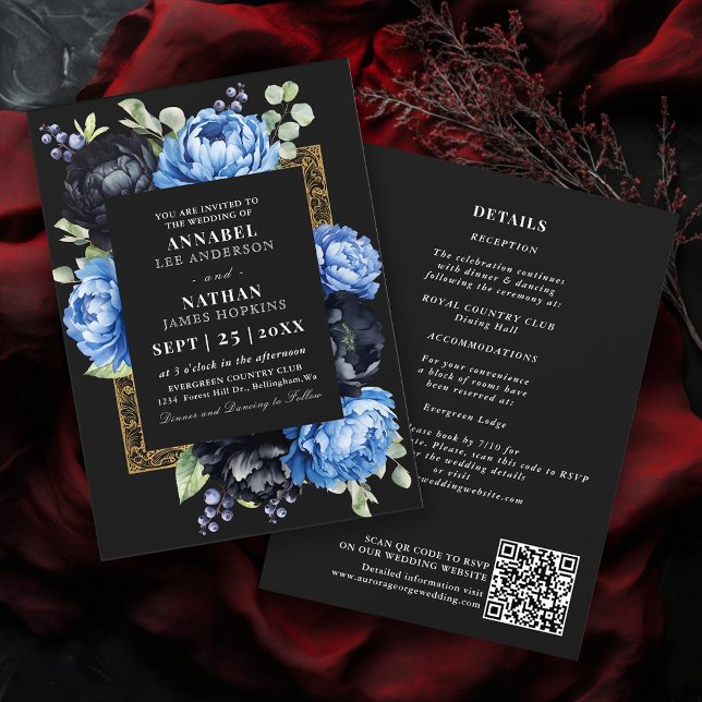 Invitación Moody Blue Black Elegal Boda floral QR Código (Subido por el creador)