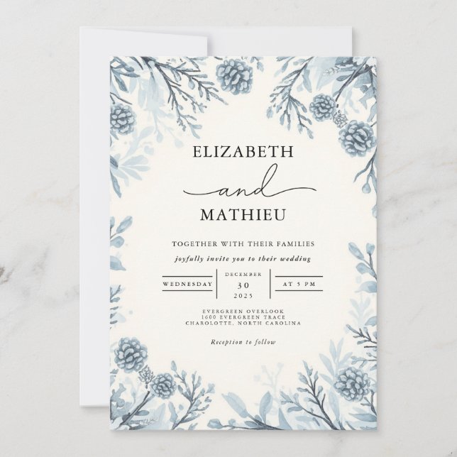 Invitación Moody Blue Botanical Flourish Boda (Anverso)