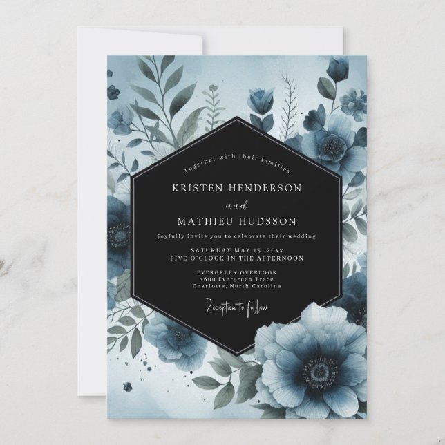 Invitación Moody Blue Floral Boda Botánico (Anverso)