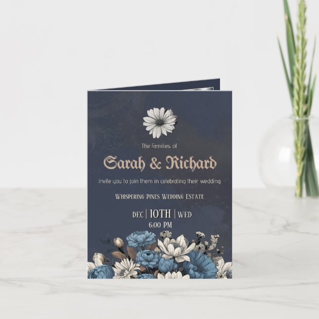 Invitación Moody Blue Floral Personalizado Boda fotográfico (Anverso)