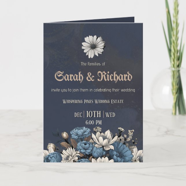 Invitación Moody Blue Floral Personalizado Boda fotográfico (Anverso)