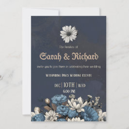 Invitación Moody Blue Floral Personalizado Boda fotográfico