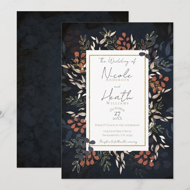 Invitación Moody Blue Gold Boda de hojas botánicas negrita (Anverso / Reverso)