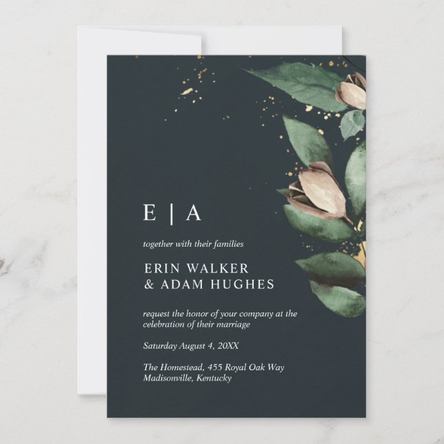 Invitación Moody Blue Gold Greeneration Botanical Watercolor (Anverso)