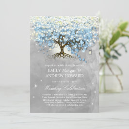 Invitación Moody Blue Gray Silver Boda de árbol de hojas de c