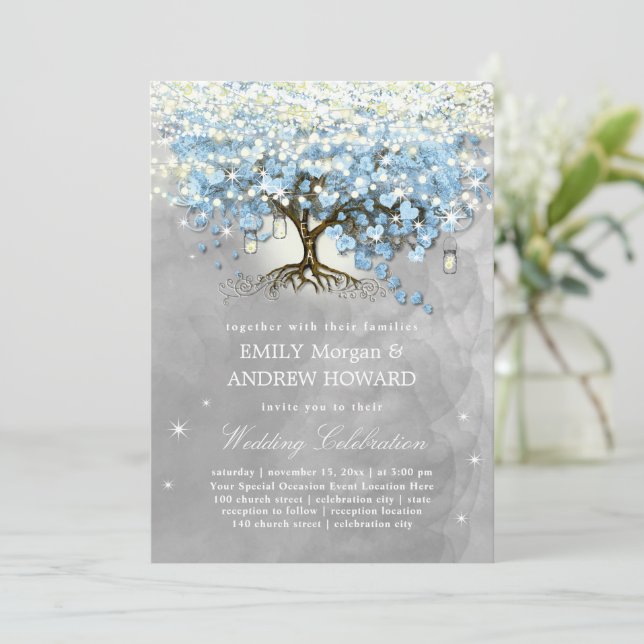 Invitación Moody Blue Gray Silver Boda de árbol de hojas de c (Anverso de pie)
