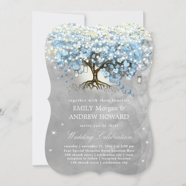 Invitación Moody Blue Gray Silver Boda de árbol de hojas de c (Anverso)