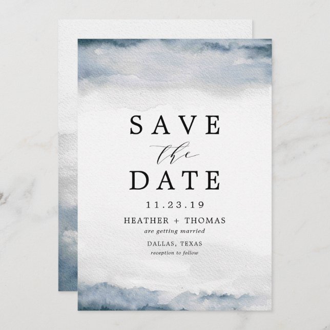 Invitación Moody Blue Watercolor Elegant Save the Dates (Anverso / Reverso)