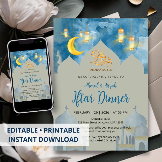 Invitación Moody Blue Watercolor Mosque Iftar Dinner (Subido por el creador)
