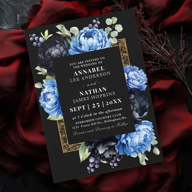 Invitación Moody Blue y Black Elegent Boda Floral (Subido por el creador)
