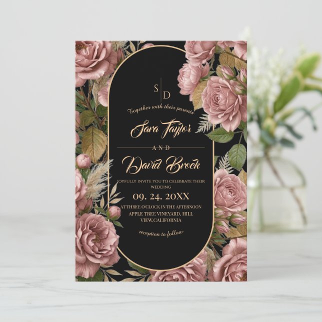 Invitación Moody Blush⎮Rosas Boda Floral Boho (Anverso de pie)