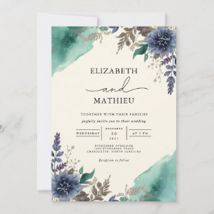 Invitación Moody Boda  Botánico-Floral Verde azulado