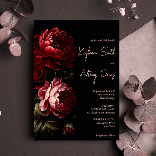 Invitación Moody boda de flores vintage oscuras todo en uno
