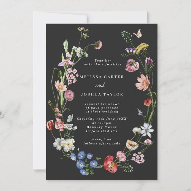 Invitación Moody Boho Boda de Flores y Mariposas Holandesas (Anverso)