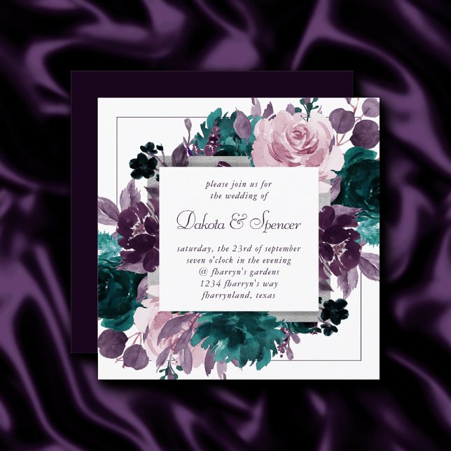 Invitación Moody Boho | Placa De Plata Floral Púrpura Eggplan (Subido por el creador)