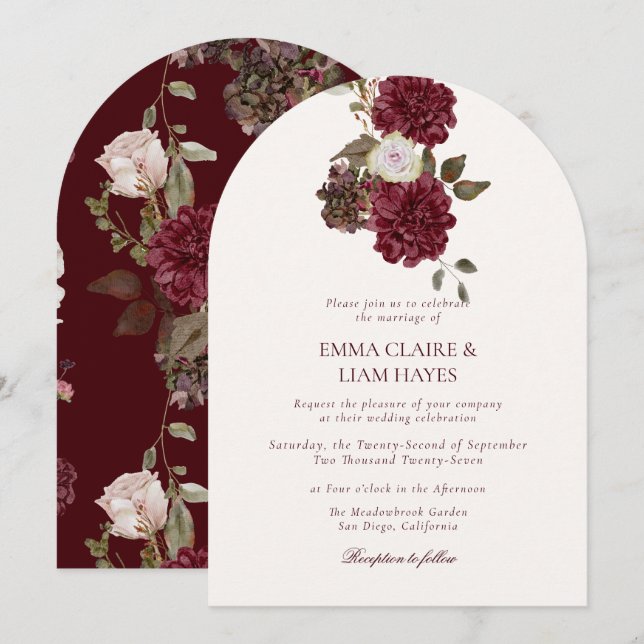 Invitación Moody Burgundy Arched Autumn Wedding Invitation (Anverso / Reverso)