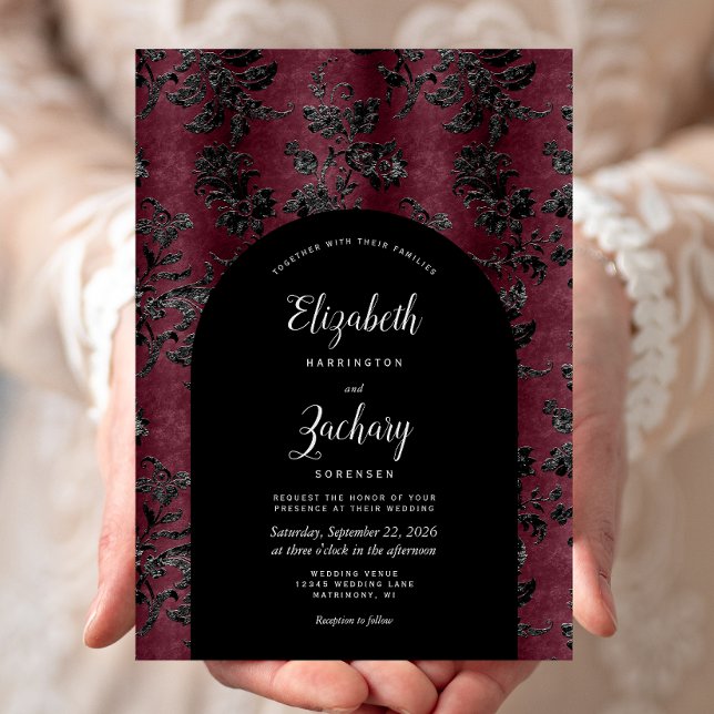 Invitación Moody Burgundy Black Damask Arch Dark Boda (Subido por el creador)