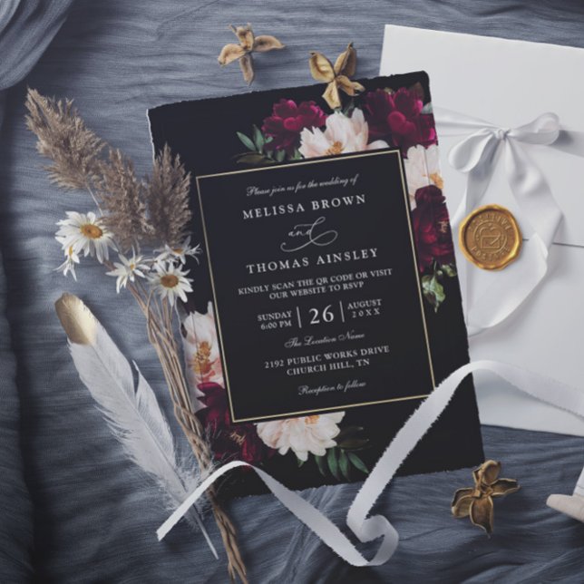 Invitación Moody Burgundy Blush Floral QR Code Wedding (Subido por el creador)