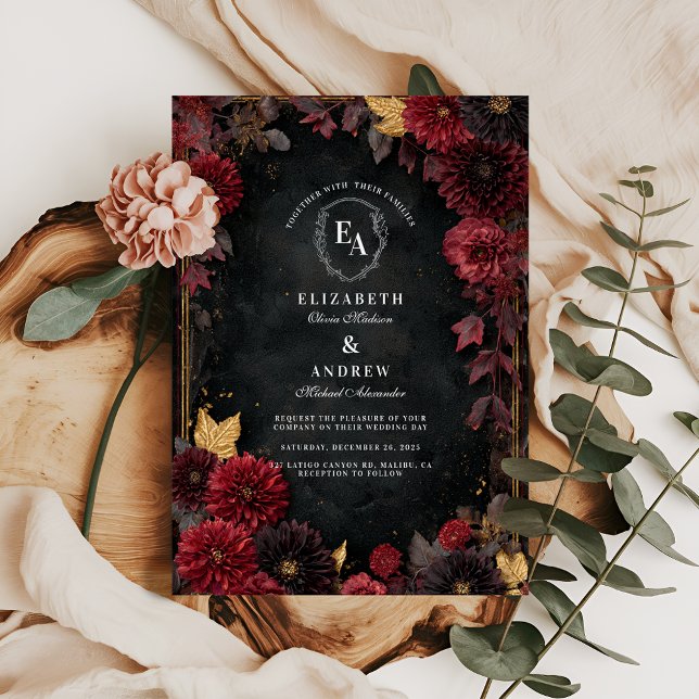 Invitación Moody Burgundy Dahlia Fall Wedding (Subido por el creador)