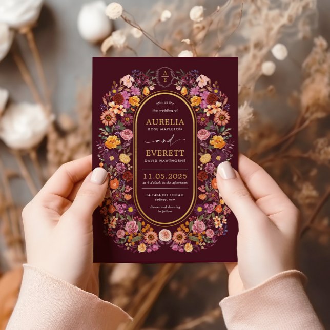 Invitación Moody Burgundy Fall Wildflower Garden Wedding (Subido por el creador)