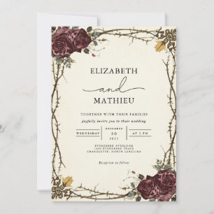 Invitación Moody Burgundy Floral Boda gótico