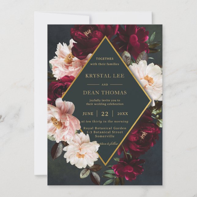 Invitación Moody Burgundy Rubor Floral Peonies Green Boda (Anverso)