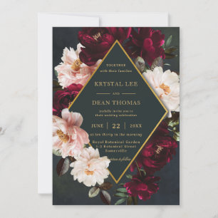 Invitación Moody Burgundy Rubor Floral Peonies Green Boda