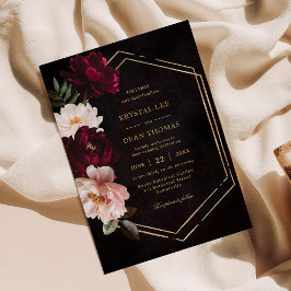 Invitación Moody Burgundy Rubor Pink Floral Peonies Boda
