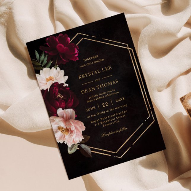 Invitación Moody Burgundy Rubor Pink Floral Peonies Boda (Subido por el creador)