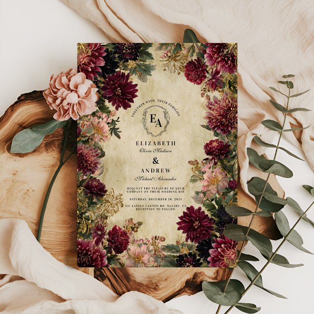 Invitación Moody Burgundy y antigua elegancia de oro (Subido por el creador)