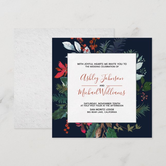 Invitación Moody Burgundy y Boda del marco floral azul de la  (Anverso / Reverso)