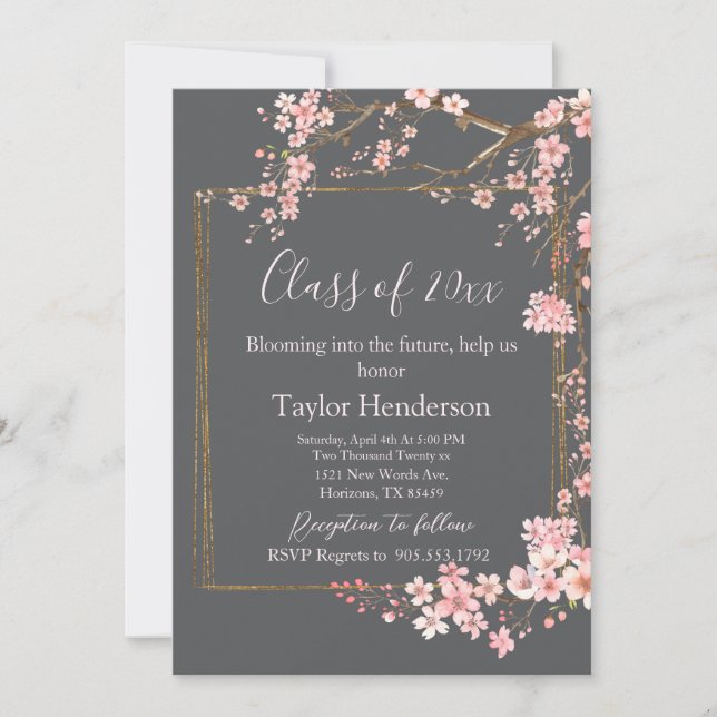 Invitación Moody Charcoal and Pink Cherry Blossom Graduation (Anverso)