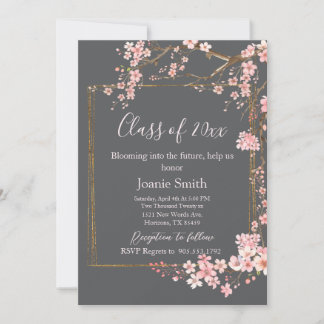 Invitación Moody Charcoal and Pink Cherry Blossom Graduation