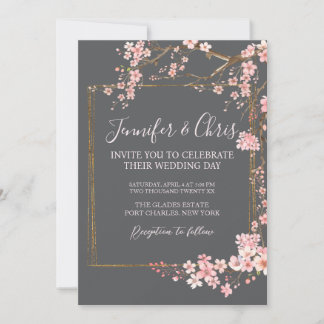 Invitación Moody Charcoal and Pink Cherry Blossom Wedding