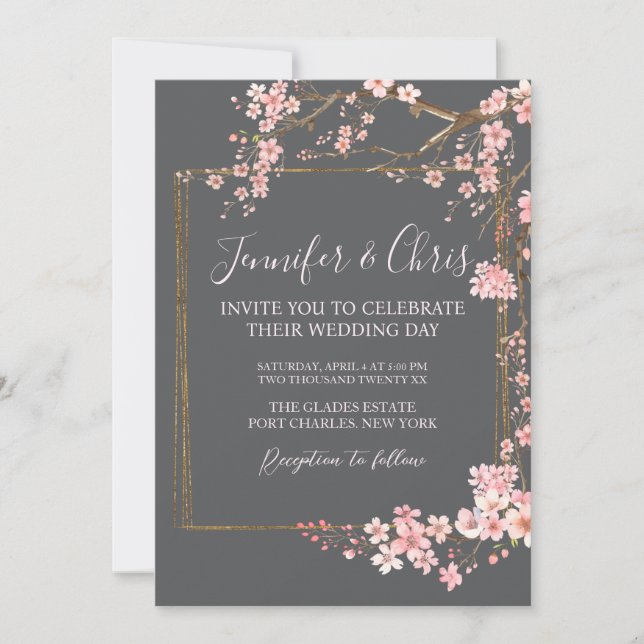 Invitación Moody Charcoal and Pink Cherry Blossom Wedding (Anverso)