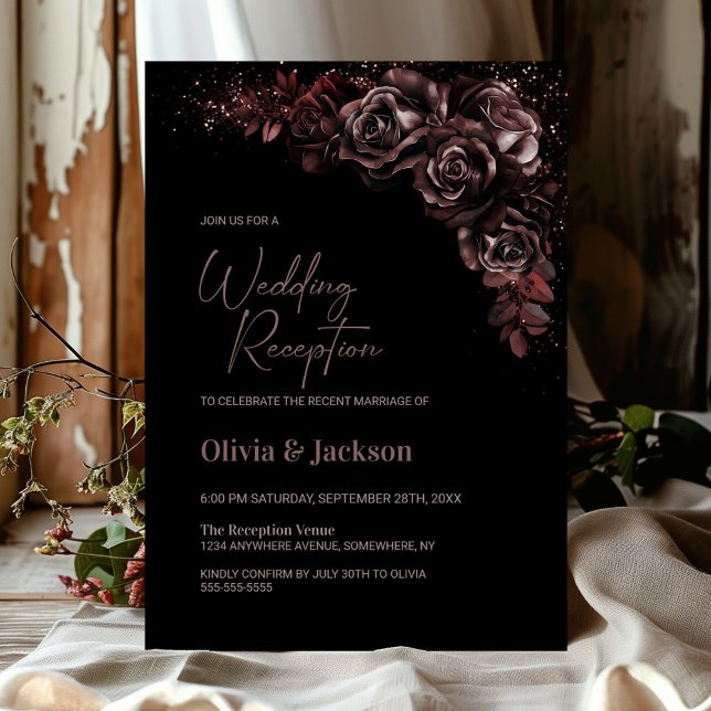 Invitación Moody Chocolate Floral Wedding Recepción (Subido por el creador)