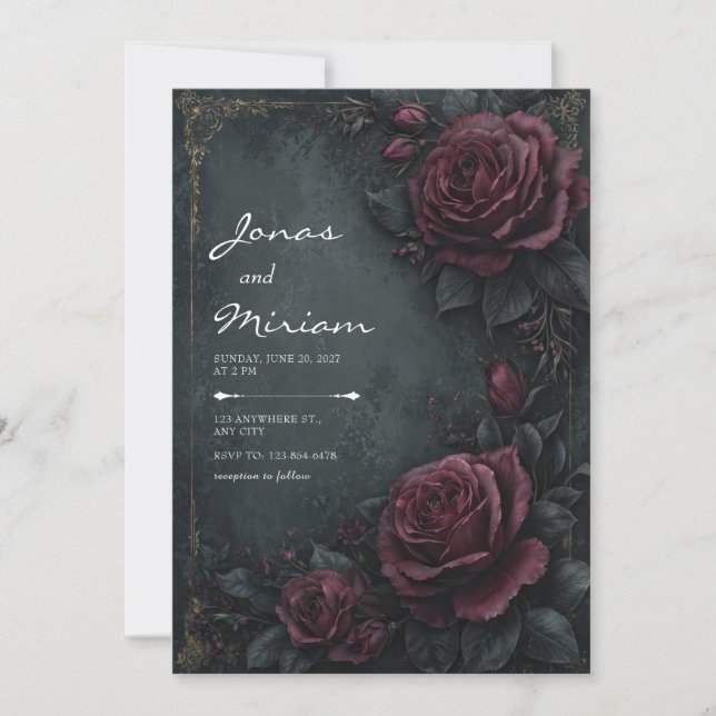 Invitación Moody Dark Charcoal Burgundy Rose Floral Wedding (Anverso)
