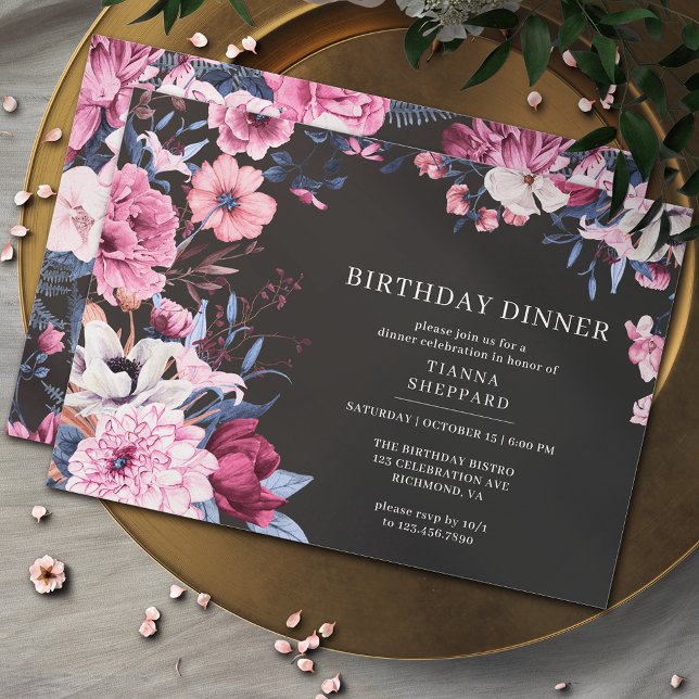 Invitación Moody Dark Floral | Cena de cumpleaños negra y ros (Subido por el creador)
