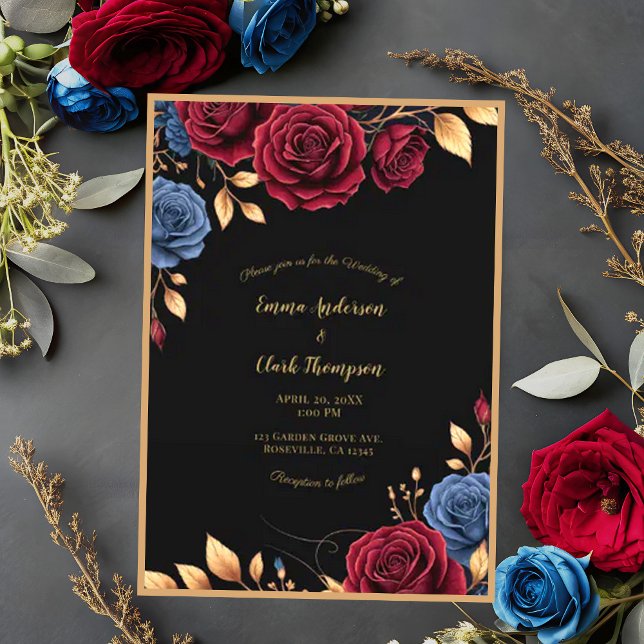 Invitación Moody Dark Floral Gold Elegant Wedding (Subido por el creador)