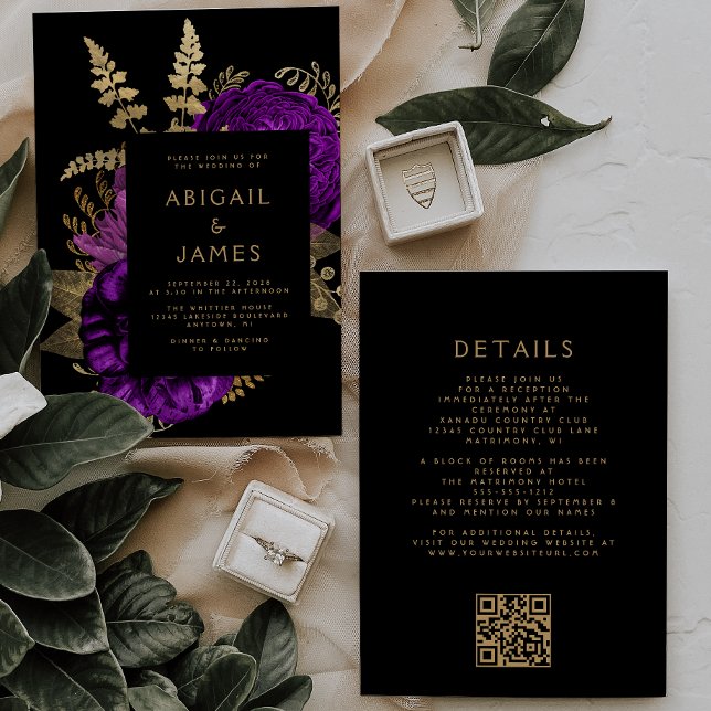 Invitación Moody Dark Floral Purple Gold Boda de código QR (Subido por el creador)
