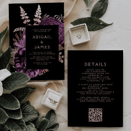 Invitación Moody Dark Floral Purple Rosa Gold QR Boda de códi